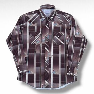 Vintage 70s H Bar C Ranchwear Cowboy Print Pearl Snap Shirt Size Large Brown